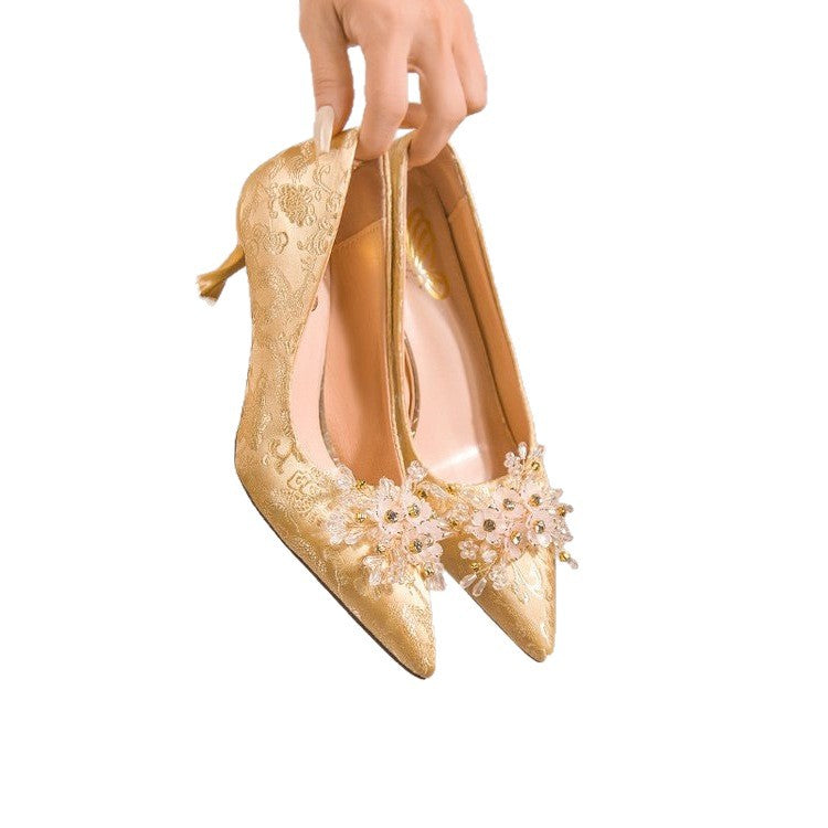 Damen elegante Stiletto-Pumps mit floraler Strass-Applikation R&B