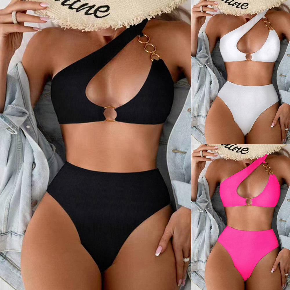 Damen Bikini-Set mit asymmetrischem Trägerschnitt und elegantem Ringdetail R&B
