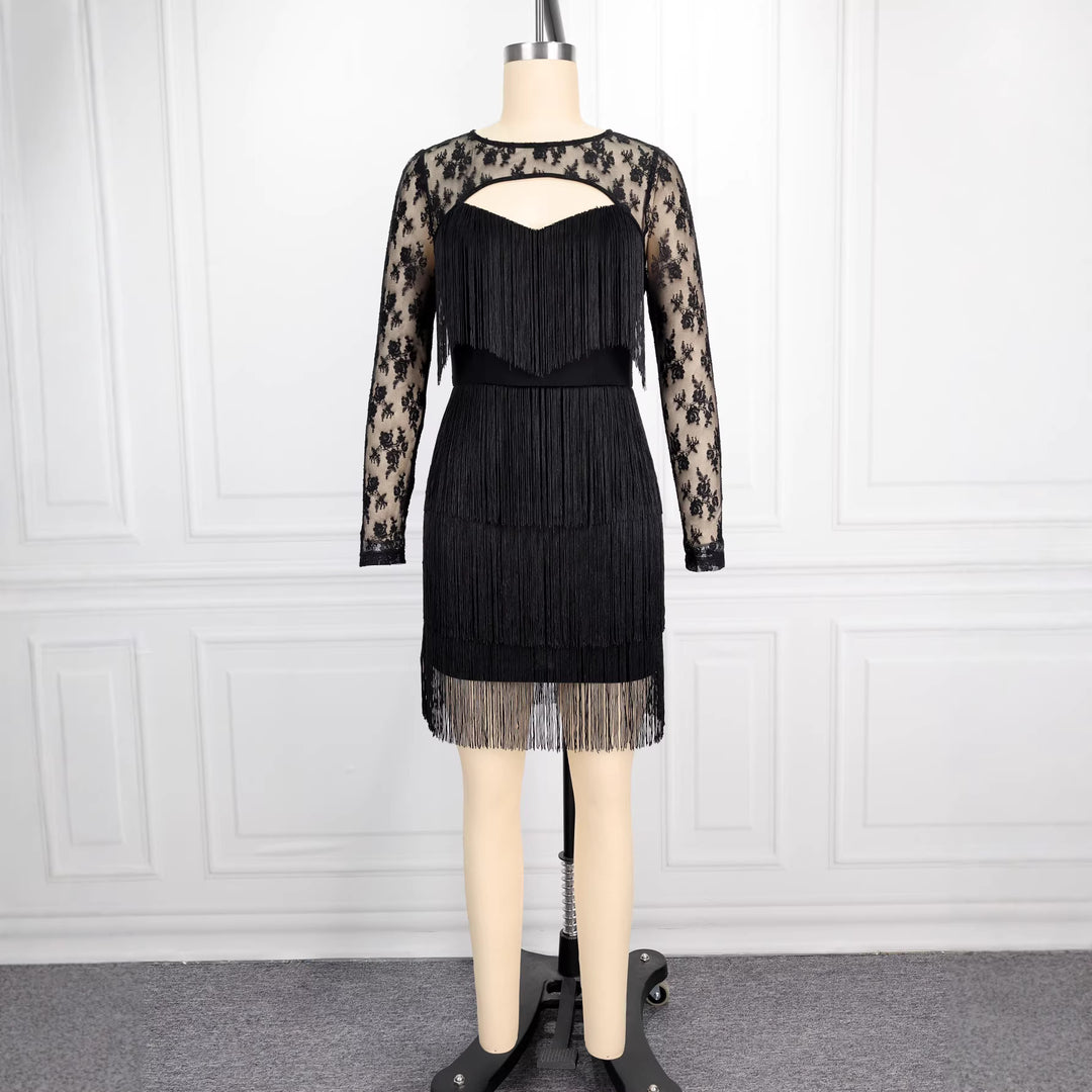 Damen Figurnahes Kleid mit fransigen Details und transparenten Spitzenärmeln R&B
