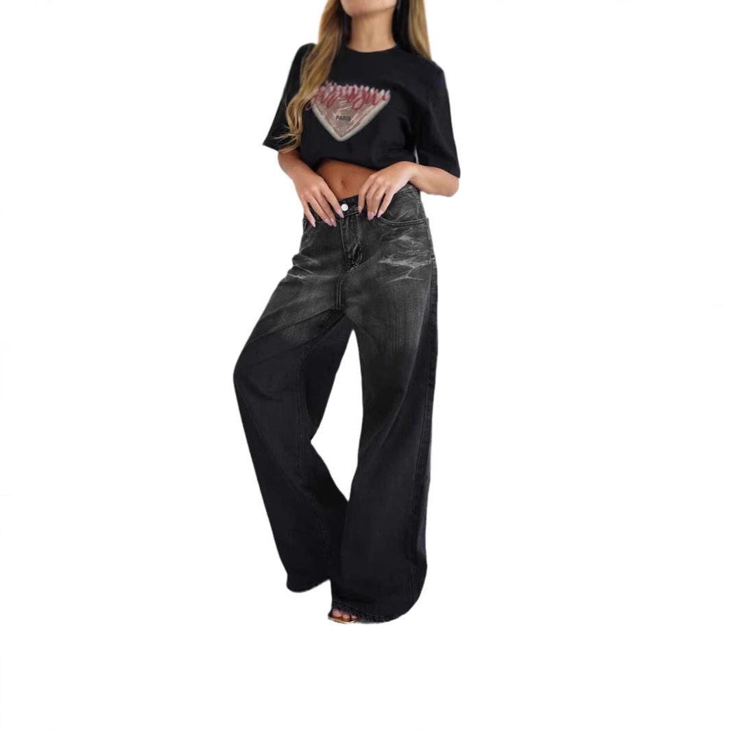 Damen lockere High-Waist Jeans mit angesagtem Farbverlauf und weitem Bein R&B