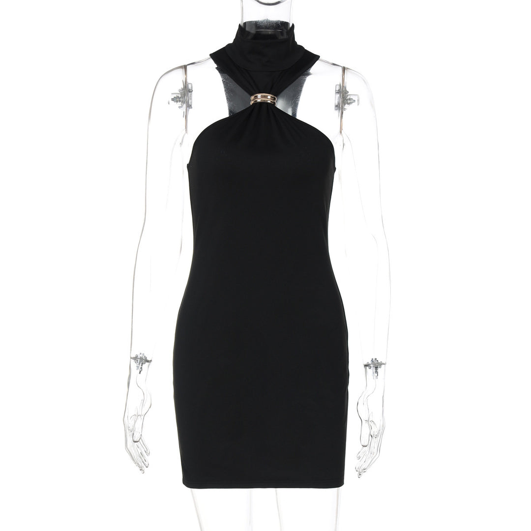 Damen elegantes Minikleid mit hohem Kragen und Details aus satinierter Textur R&B