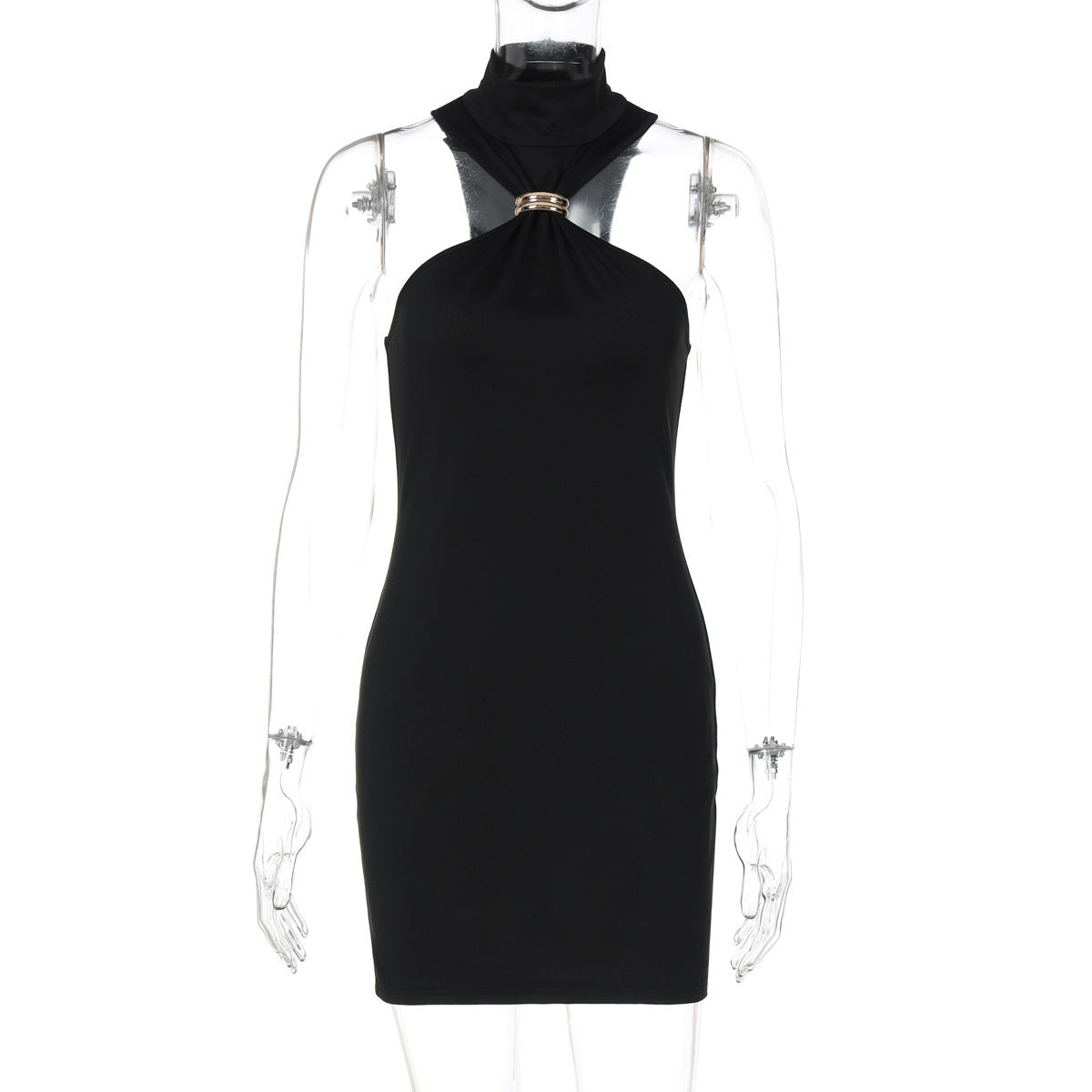 Damen elegantes Minikleid mit hohem Kragen und Details aus satinierter Textur R&B