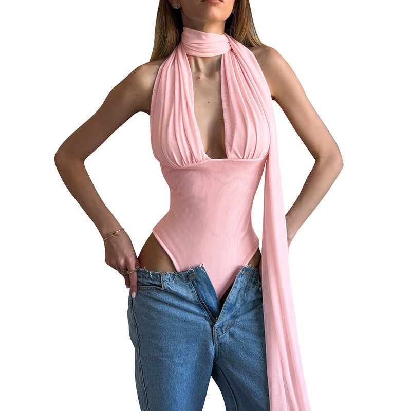 Damen eleganter und raffinierter Badeanzug mit tiefem V-Ausschnitt und fließendem Material R&B