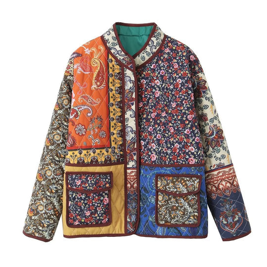 Damen gesteppte Patchwork-Jacke mit praktischen Taschen und farbenfrohem Muster R&B
