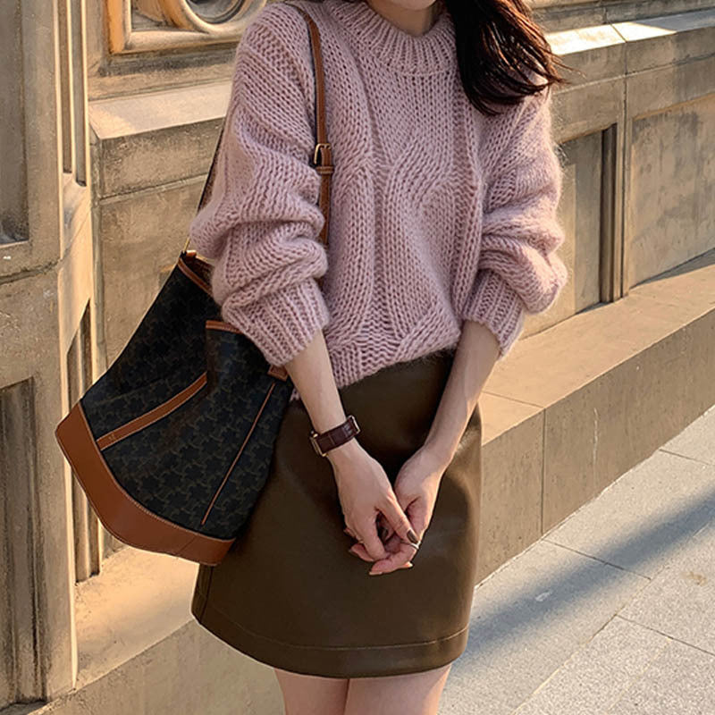Damen Grob gestrickter Pullover mit hohem Kragen und weitem Schnitt R&B