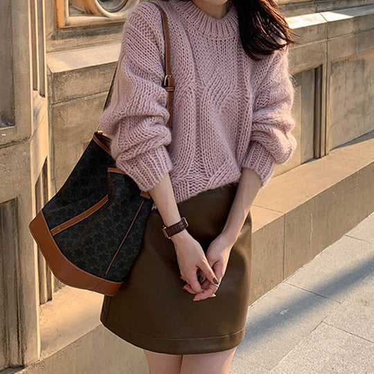 Damen Grob gestrickter Pullover mit hohem Kragen und weitem Schnitt R&B