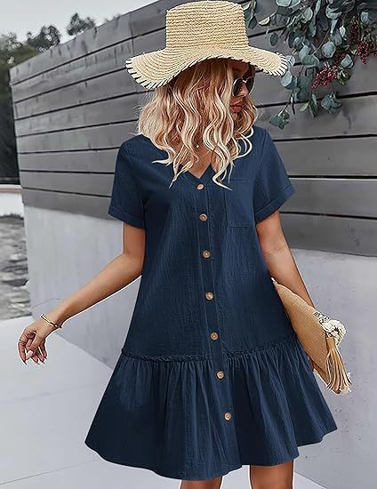 Damen lässiges Hemdblusenkleid mit Knopfdetail und ausgestelltem Rock R&B