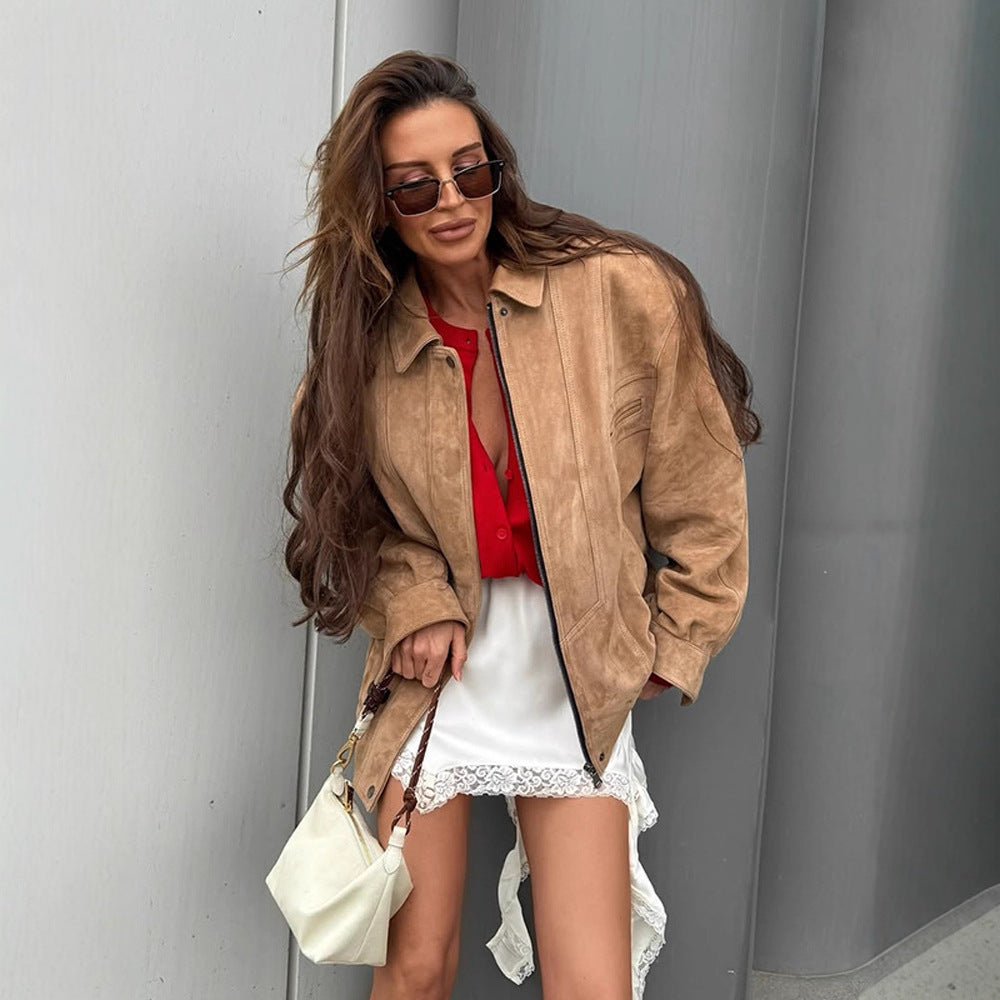 Damen Oversized Wildlederjacke mit großen Taschen und lässigem Schnitt R&B