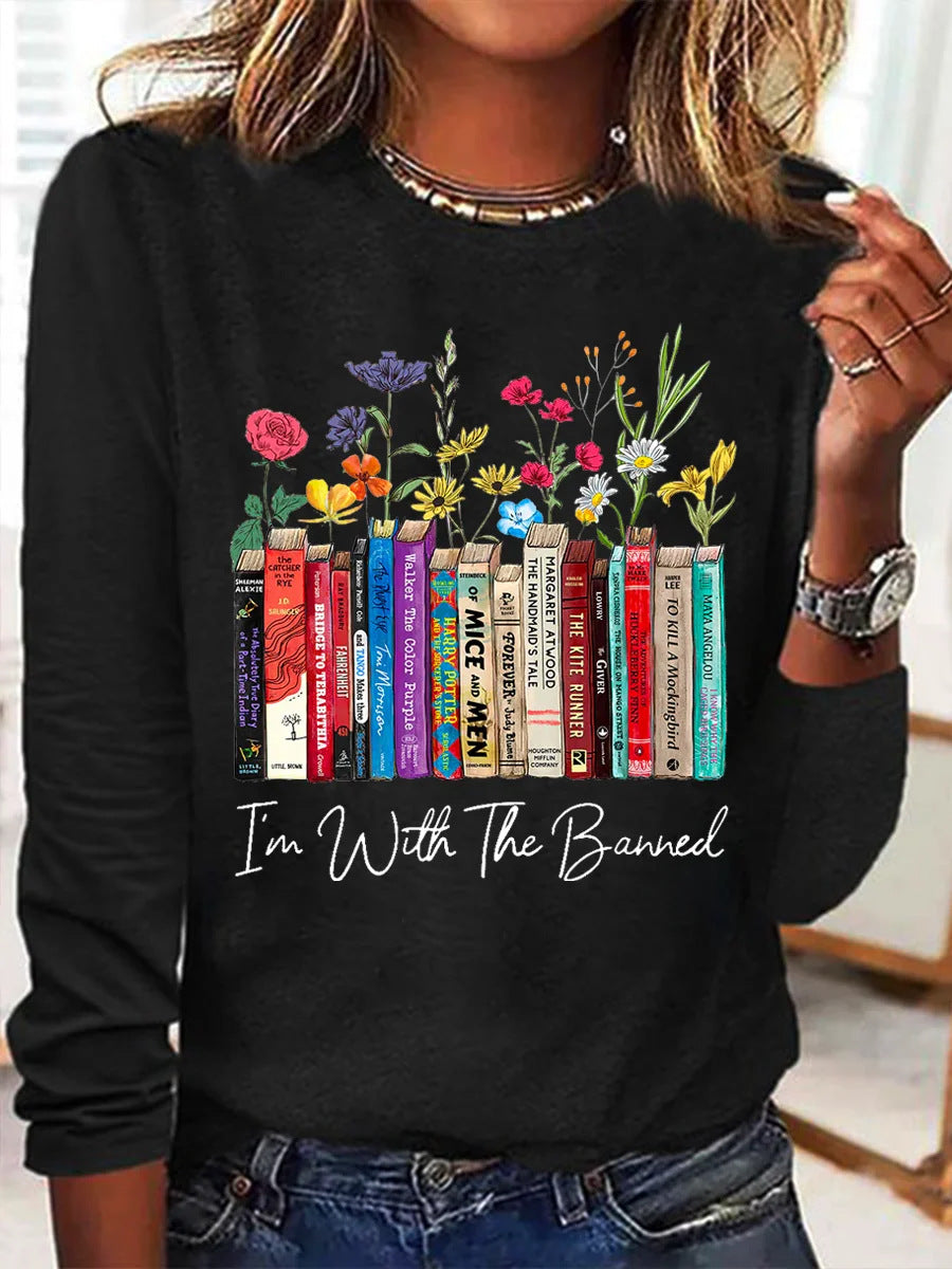 Damen Langarmshirt mit Bücher- und Blumenmotiv R&B