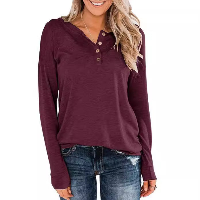 Damen modisches Langarm-Henley-Shirt mit Knopfleiste R&B