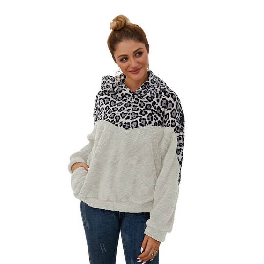 Damen Gemütlicher Teddy-Pullover mit Kapuze und Leopardenmuster R&B