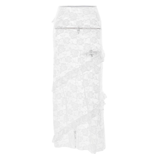 Damen Lange Spitzenrock mit asymmetrischem Rüschenverlauf und eleganter Blumenspitze R&B