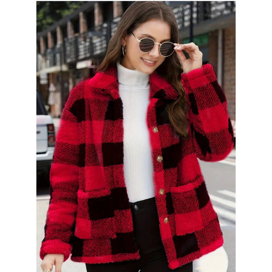 Damen kuschelige Plüschjacke mit Karomuster R&B