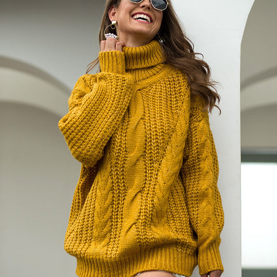 Damen Grobstrickpullover mit hohem Kragen und Zopfmuster R&B