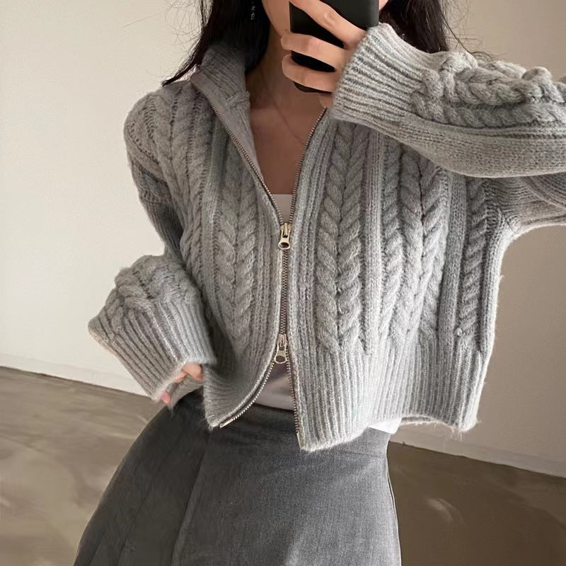 Damen Strickjacke mit hochwertigem Zopfmuster und sportlichem Reißverschluss R&B