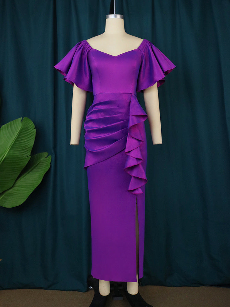 Damen Elegantes Maxikleid mit voluminösen Ärmeln und asymmetrischem Rüschen-Design R&B