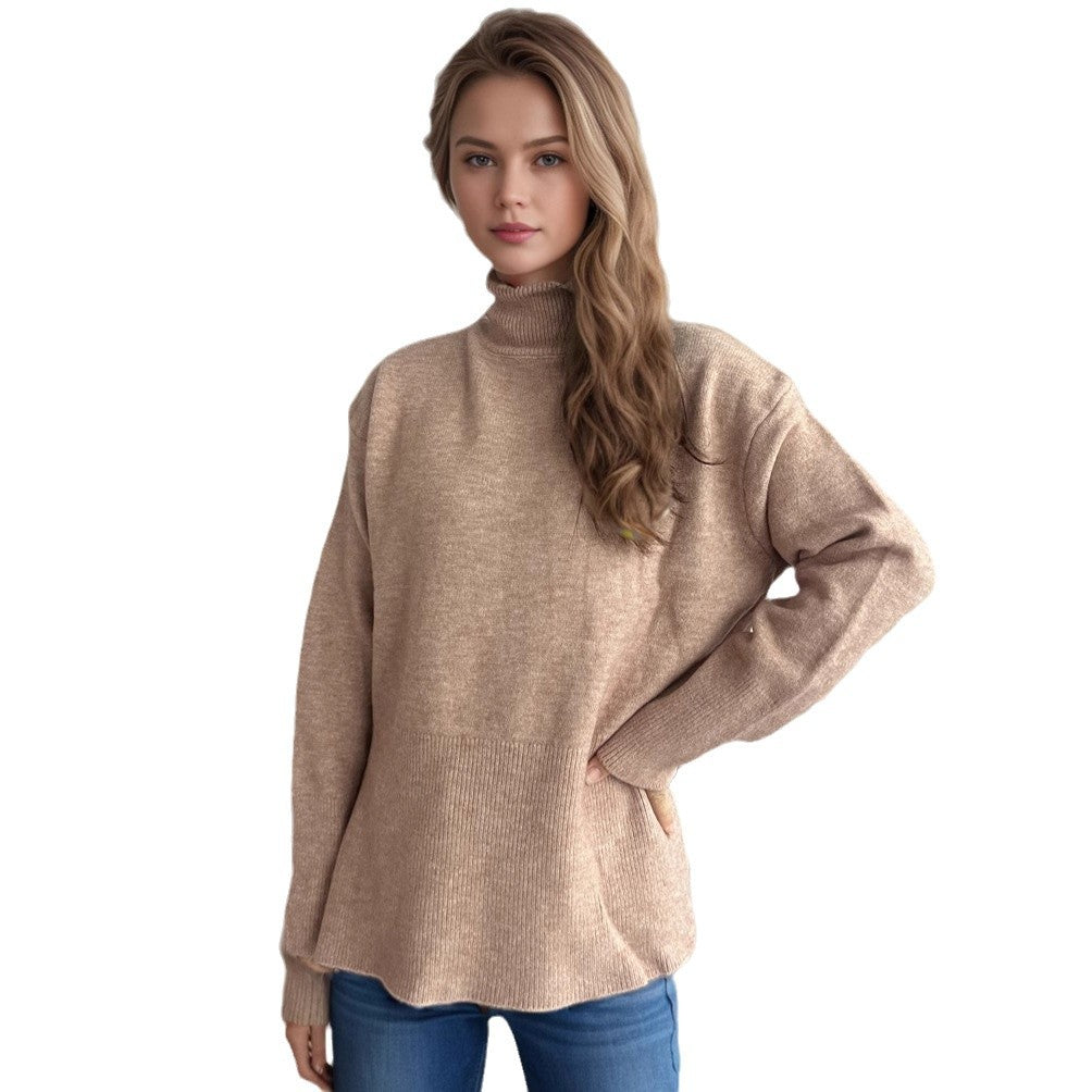 Damen Pullover mit hohem Kragen und asymmetrischem Saum R&B