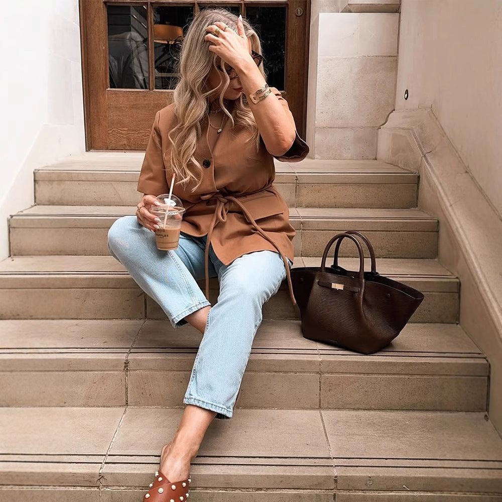 Damen modische Übergangsjacke mit Gürtel und praktischen Taschen R&B