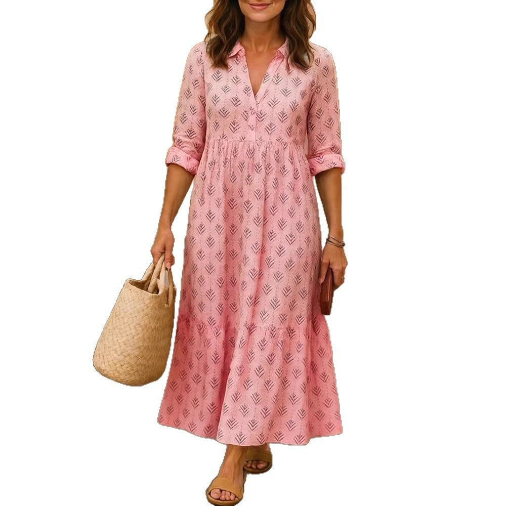 Damen Maxikleid mit elegantem Kragen und floralen Mustern R&B