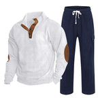 Herren nan Strick-Freizeitset mit Knopfleiste und Ellenbogenaufnähern sowie Cord-Cargohose R&B