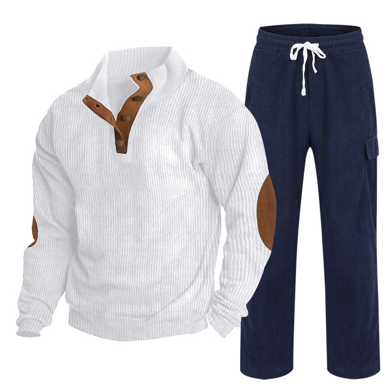 Herren nan Strick-Freizeitset mit Knopfleiste und Ellenbogenaufnähern sowie Cord-Cargohose R&B