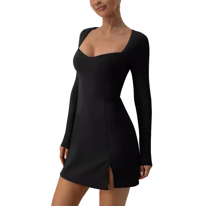 Damen elegantes Minikleid mit tiefem Herzausschnitt und langen Ärmeln R&B