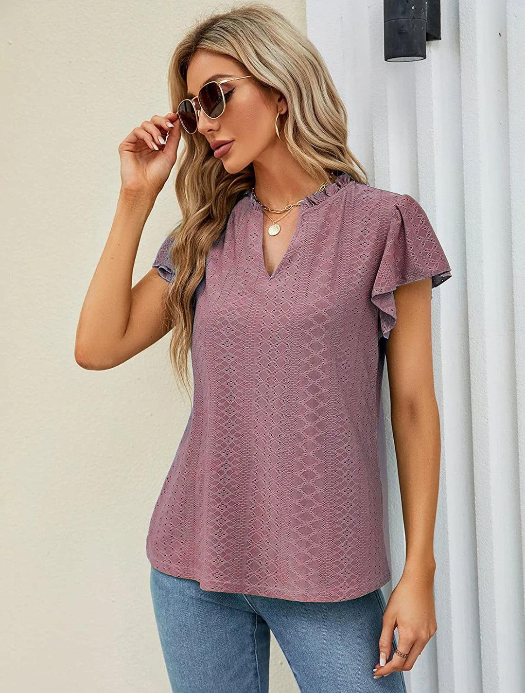 Damen luftige Bluse mit Spitzendetail R&B