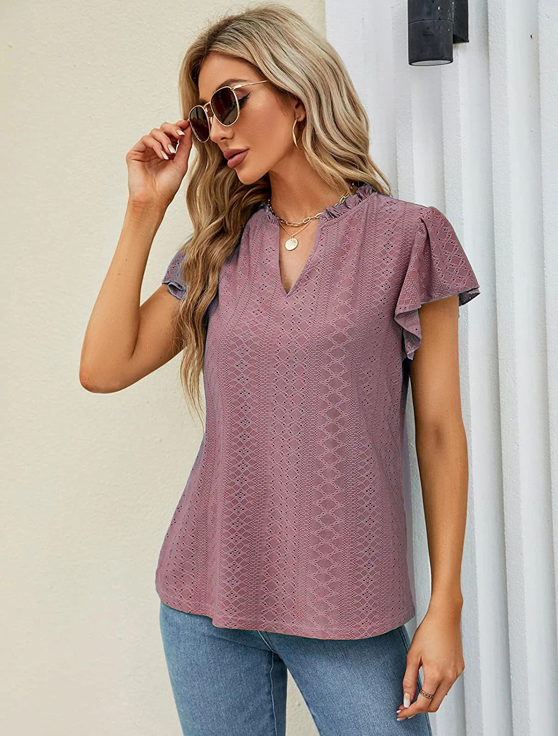 Damen luftige Bluse mit Spitzendetail R&B