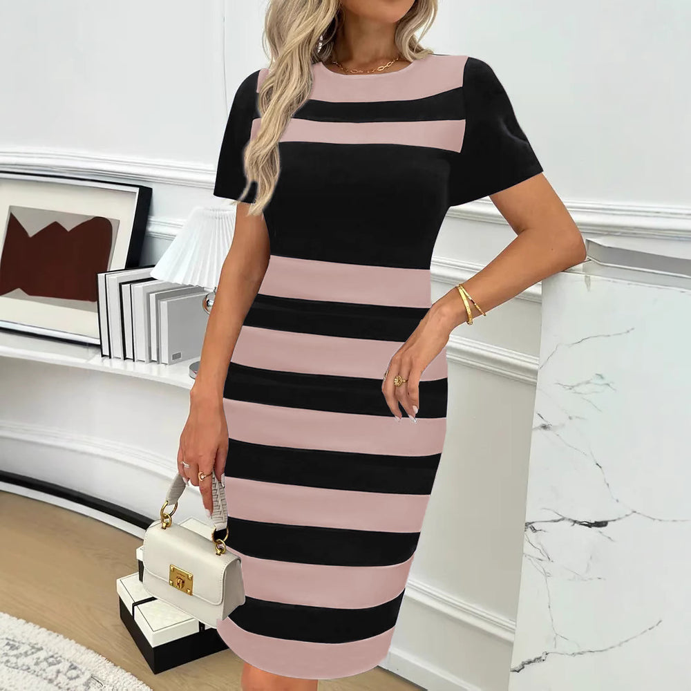 Damen Figurbetontes Streifen-Kleid mit Kurzarm und Rundhalsausschnitt Heidi-Mode