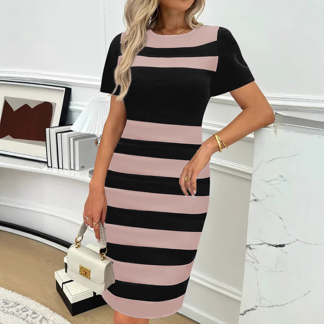 Damen Figurbetontes Streifen-Kleid mit Kurzarm und Rundhalsausschnitt Heidi-Mode