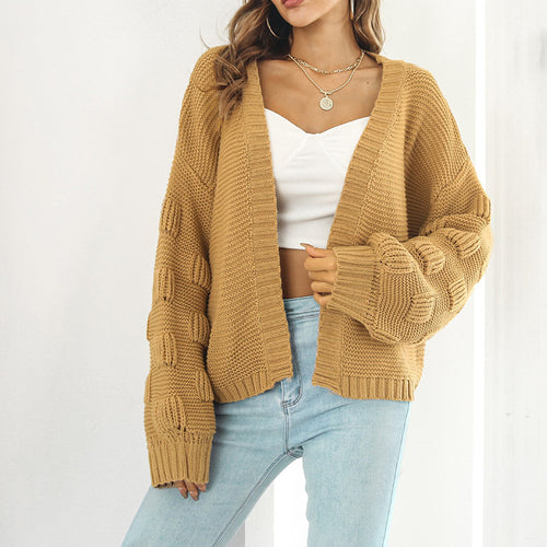 Damen Grobstrick Cardigan mit breiten Ärmeln und V-Ausschnitt R&B