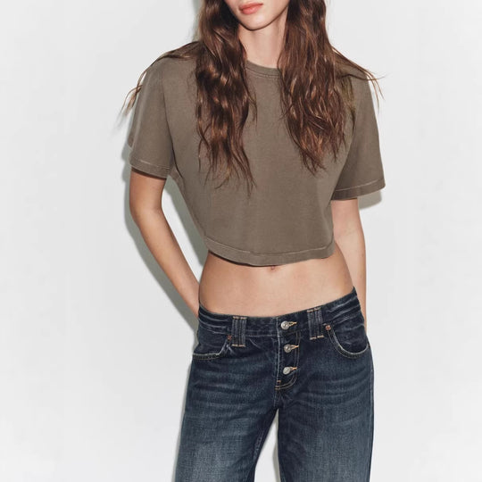 Damen cropped T-Shirt mit weit geschnittenen Ärmeln und weichem Baumwollmaterial R&B