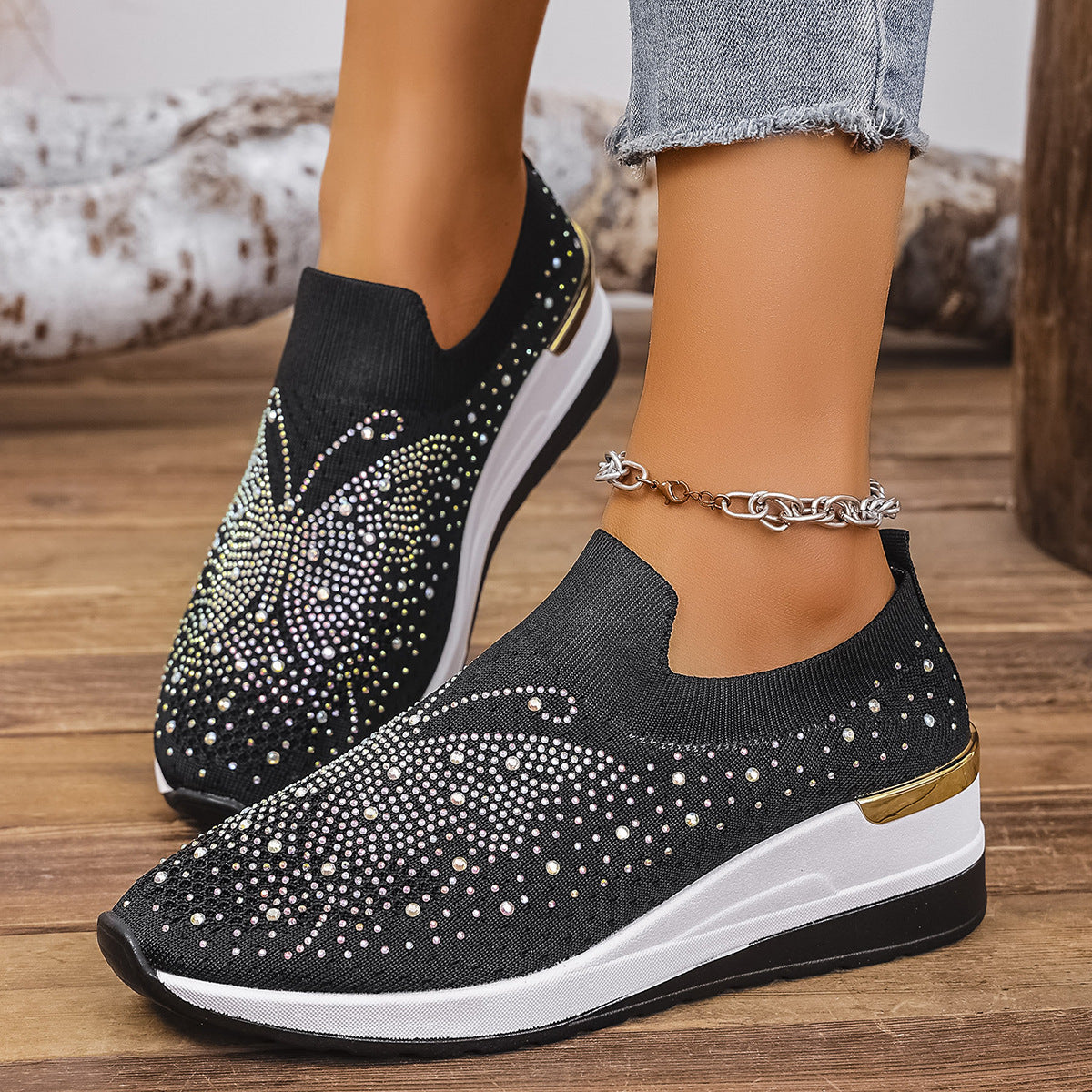 Damen Sneakers mit funkelnden Akzenten und elastischem Strickoberteil R&B