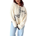 Damen Grobstrickpullover mit kreativem Patchwork-Design und lässigem Schnitt R&B