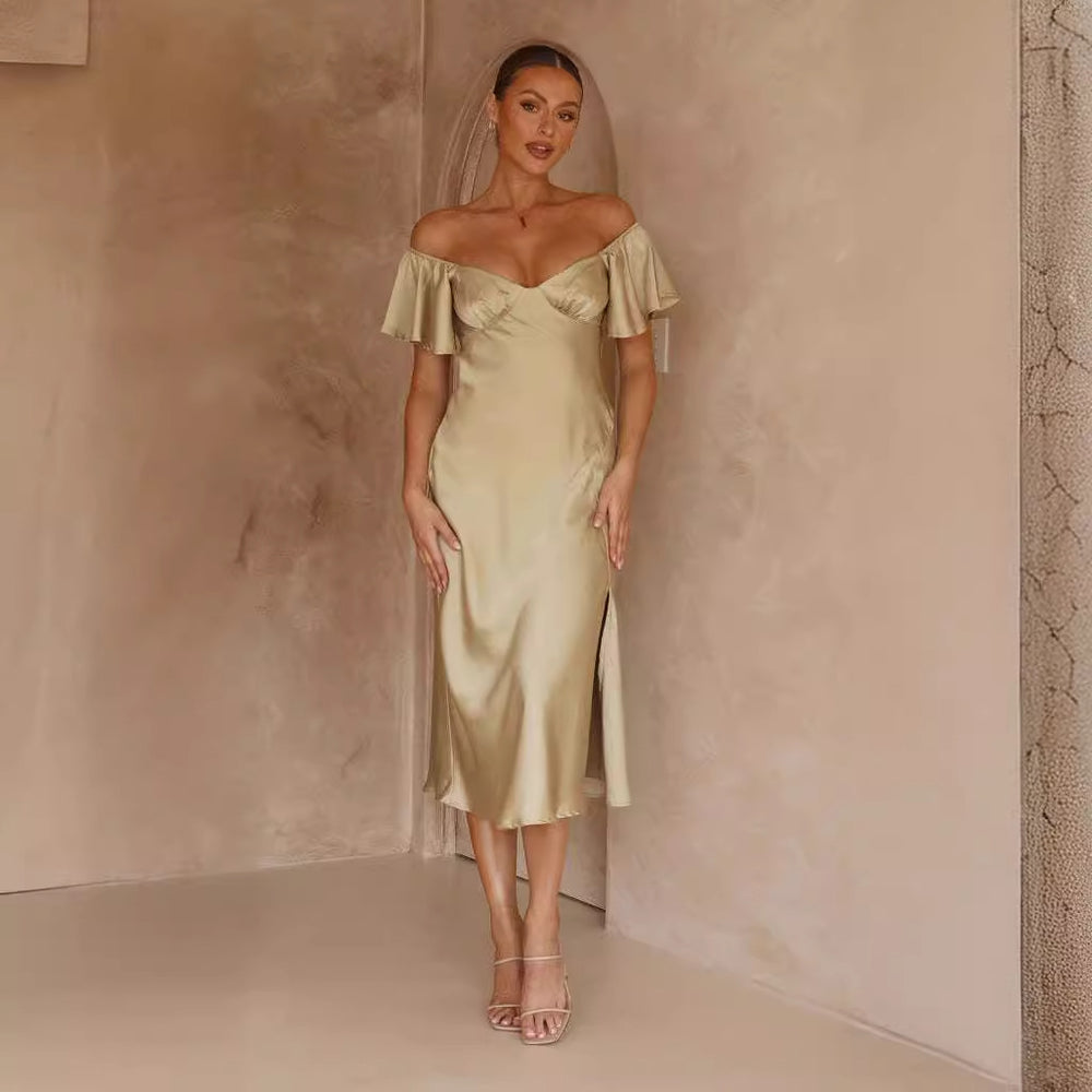 Damen elegantes Off-Shoulder Maxikleid mit seitlichem Schlitz und luftigen Rüschendetails R&B