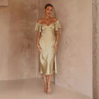 Damen elegantes Off-Shoulder Maxikleid mit seitlichem Schlitz und luftigen Rüschendetails R&B