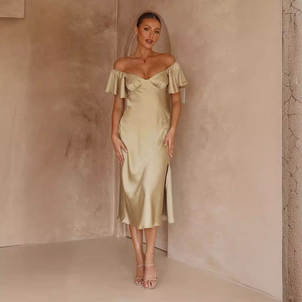 Damen elegantes Off-Shoulder Maxikleid mit seitlichem Schlitz und luftigen Rüschendetails R&B