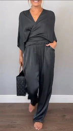 Damen Elegantes Wickeloberteil mit weitem Schnitt und passenden Palazzo-Hosen