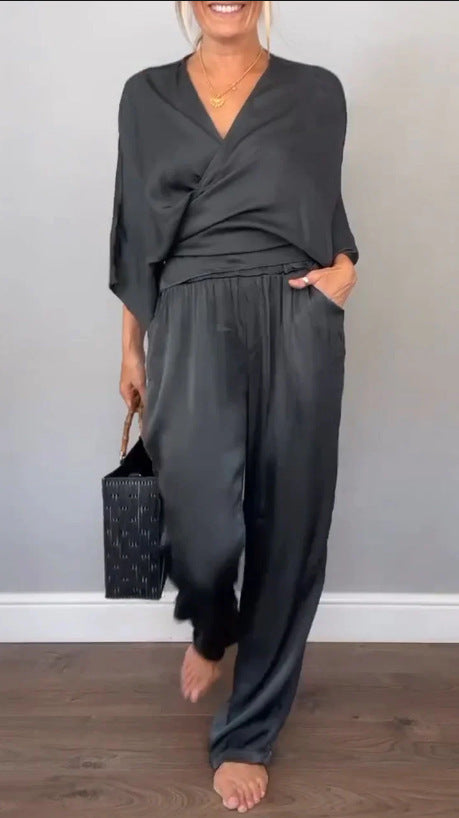 Damen Elegantes Wickeloberteil mit weitem Schnitt und passenden Palazzo-Hosen