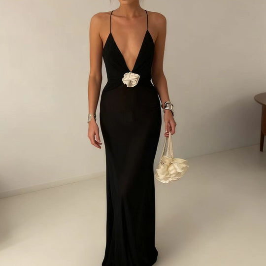 Damen Elegantes Langärmliges Kleid mit tiefem V-Ausschnitt und Blumenapplikation R&B