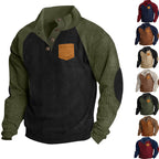 Herren nan geripptes Waffel-Henley-Langarmshirt mit Stehkragen Druckknopfleiste Kontrastärmeln und Brusttasche R&B