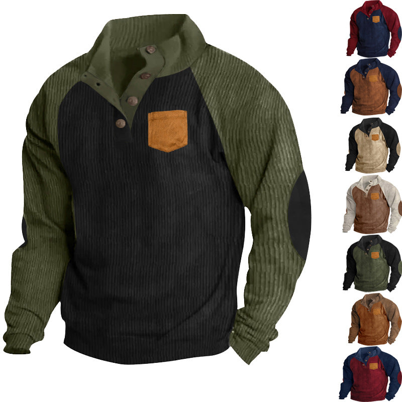 Herren nan geripptes Waffel-Henley-Langarmshirt mit Stehkragen Druckknopfleiste Kontrastärmeln und Brusttasche R&B