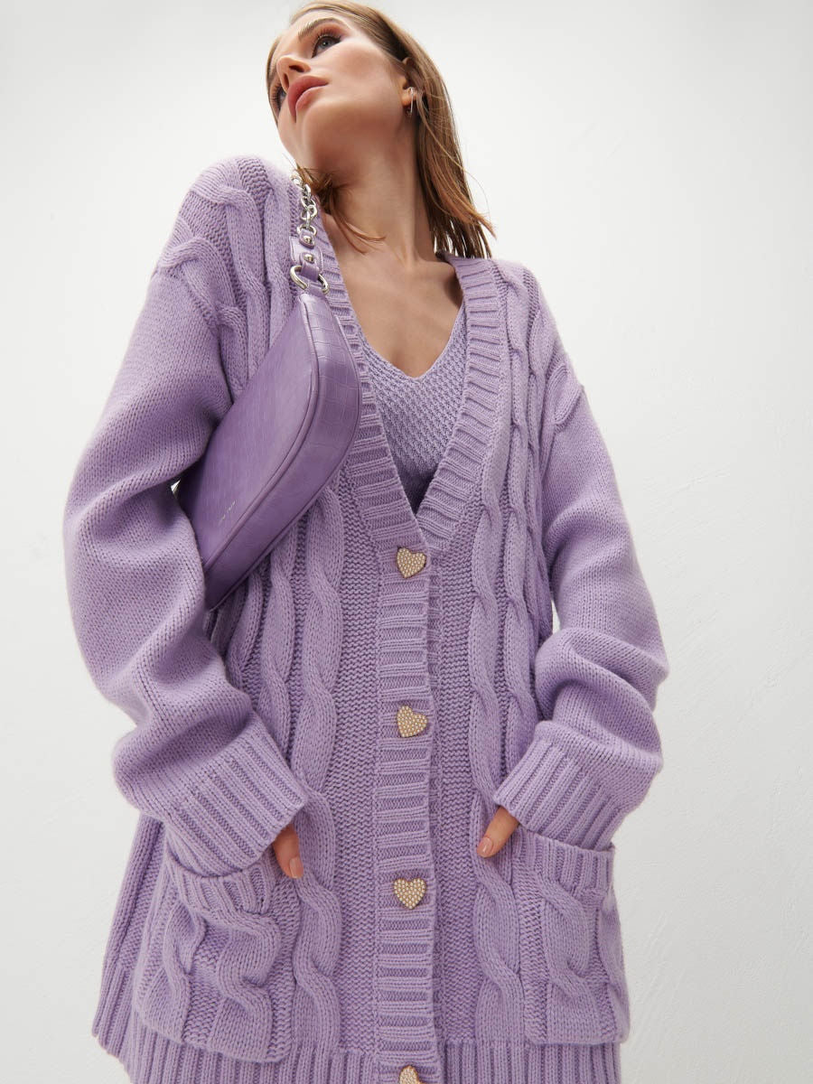 Damen Grobstrick-Cardigan mit herzförmigen Knöpfen und seitlichen Taschen R&B