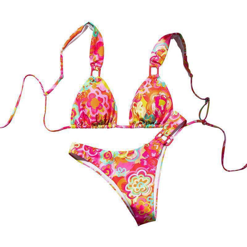 Damen Triangel-Bikini mit buntem Blumenmuster und verstellbaren Trägern R&B