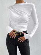Damen nan figurbetontes Langarmshirt mit asymmetrischer Raffung am Vorderteil und U-Boot-Ausschnitt R&B