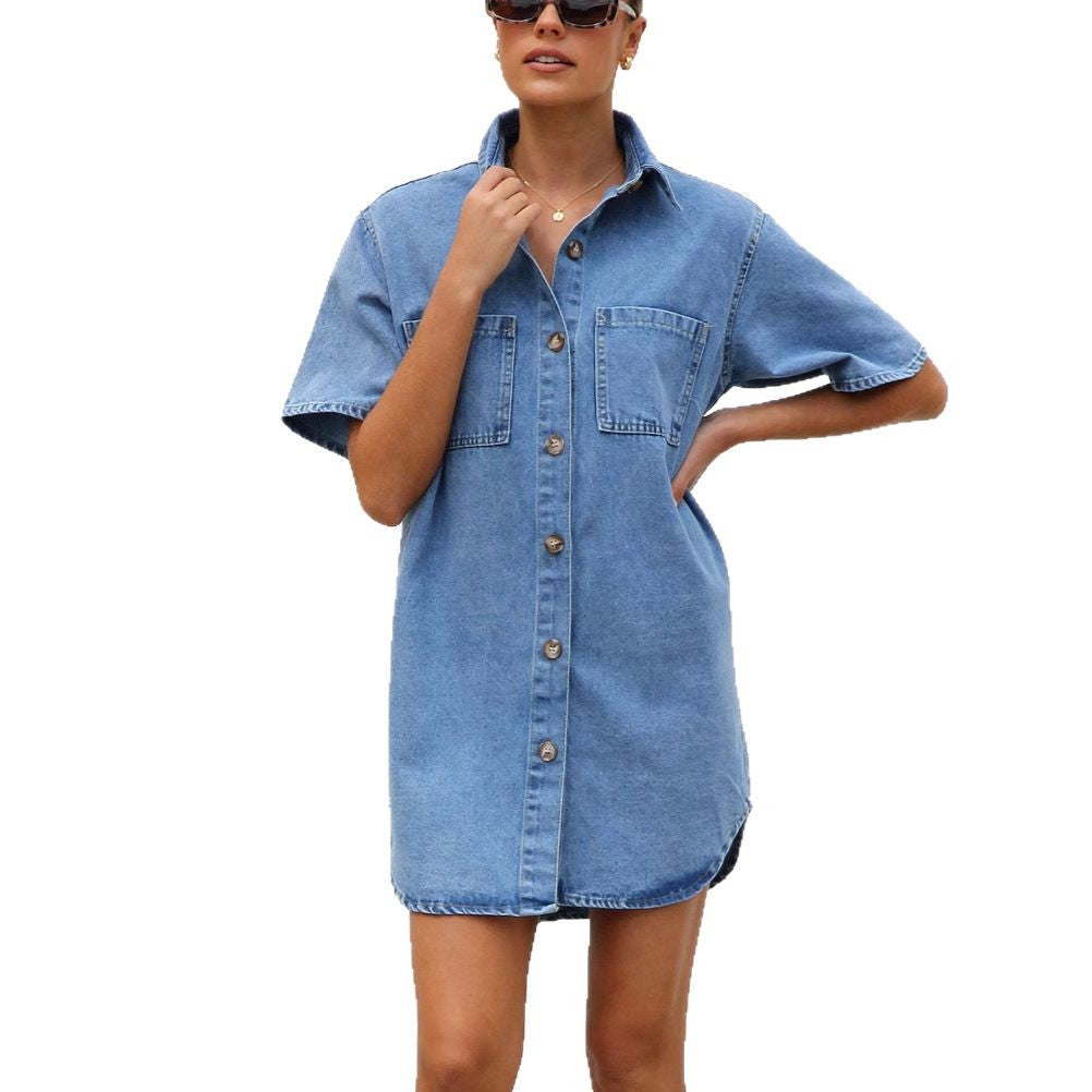 Damen Jeanshemdkleid mit kurzen Ärmeln und praktischen Taschen R&B