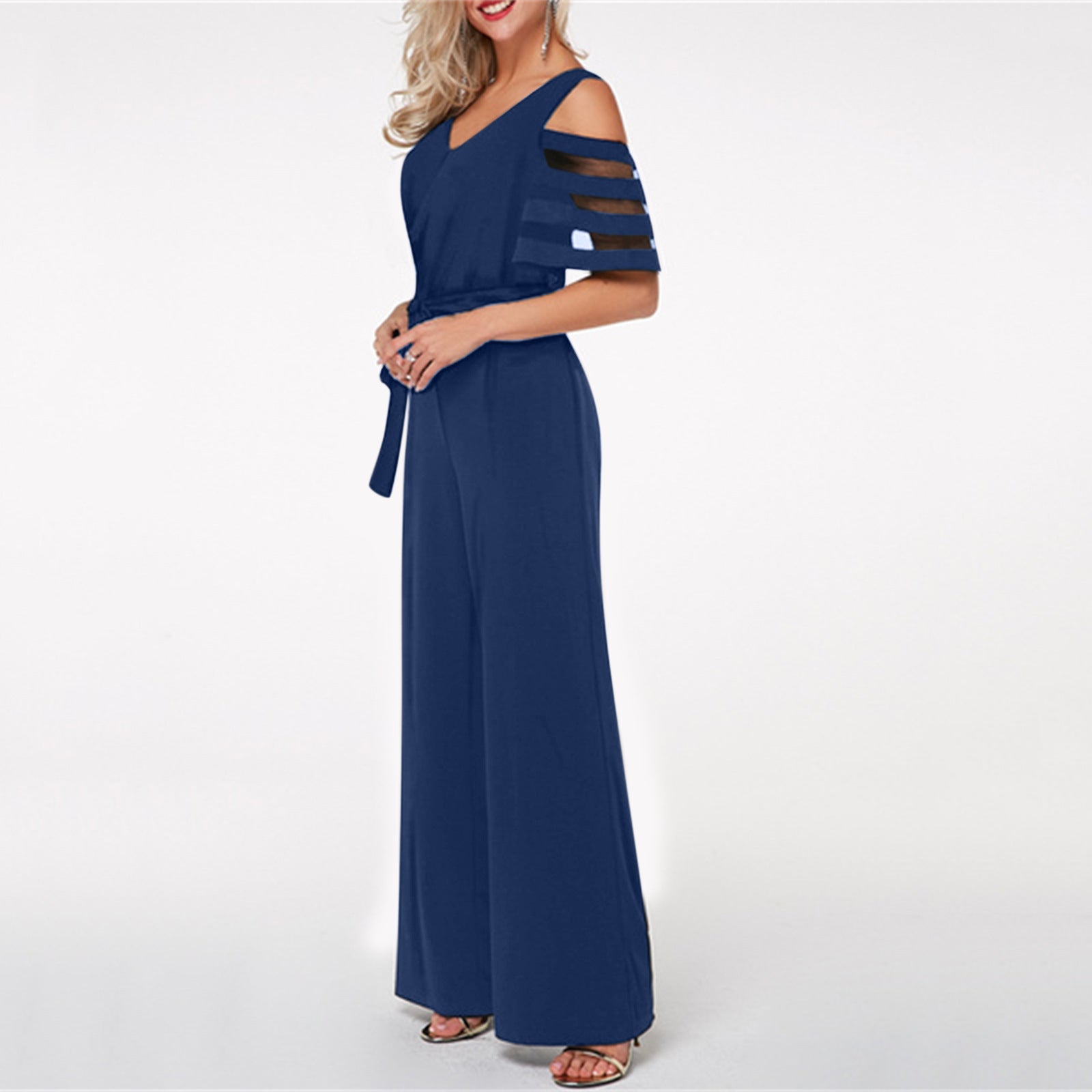 Damen Eleganter Jumpsuit mit transparenten Ärmel-Details und Taillengürtel R&B