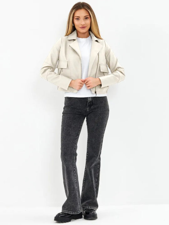 Damen cropped Kunstlederjacke mit praktischen Taschen und modernem Schnitt R&B