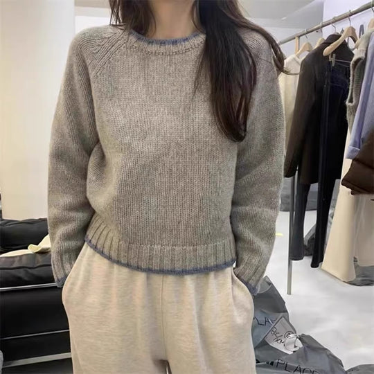 Damen Modischer Pullover mit strukturiertem Saum und kontrastierenden Ärmeln R&B