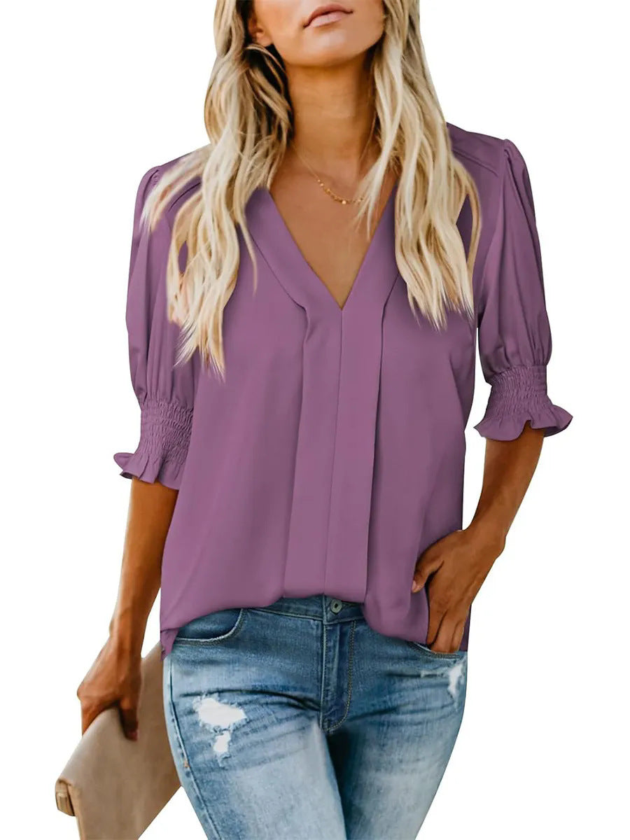 Damen elegantes V-Ausschnitt Bluse mit Rüschenärmeln und dekorativen Falten R&B